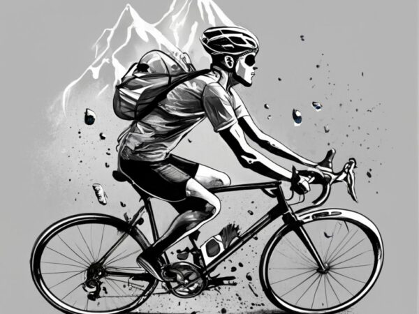 T-shirt design, hombre vestido de ciclista mirando por la ventana como llueve sobre unas montañas png file