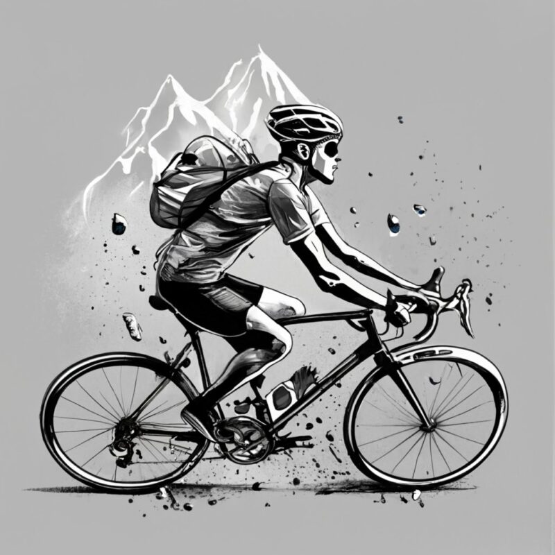 t-shirt design, hombre vestido de ciclista mirando por la ventana como llueve sobre unas montañas PNG File