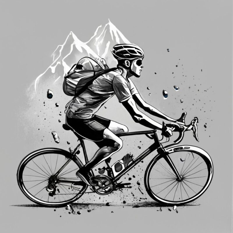 t-shirt design, hombre vestido de ciclista mirando por la ventana como llueve sobre unas montañas PNG File