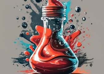 t-shirt design, hotsauce. watercolor splash, in black and white, but with only a few red and blue eccents PNG File