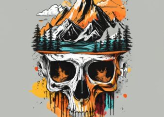 t-shirt design, mountains and skeletons. Double exposure watercolor splash PNG File