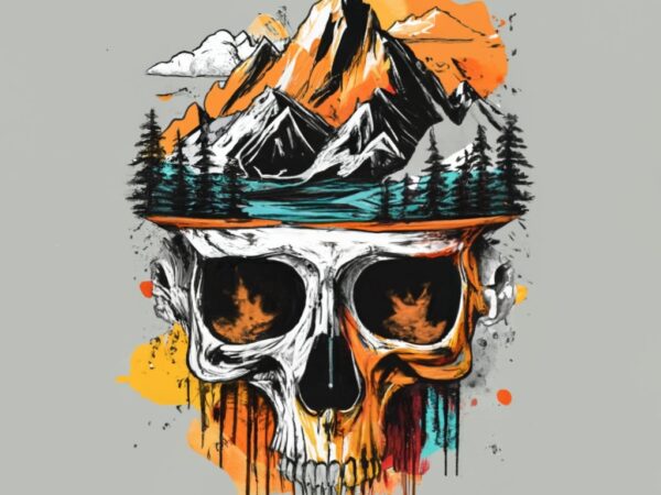 T-shirt design, mountains and skeletons. double exposure watercolor splash png file