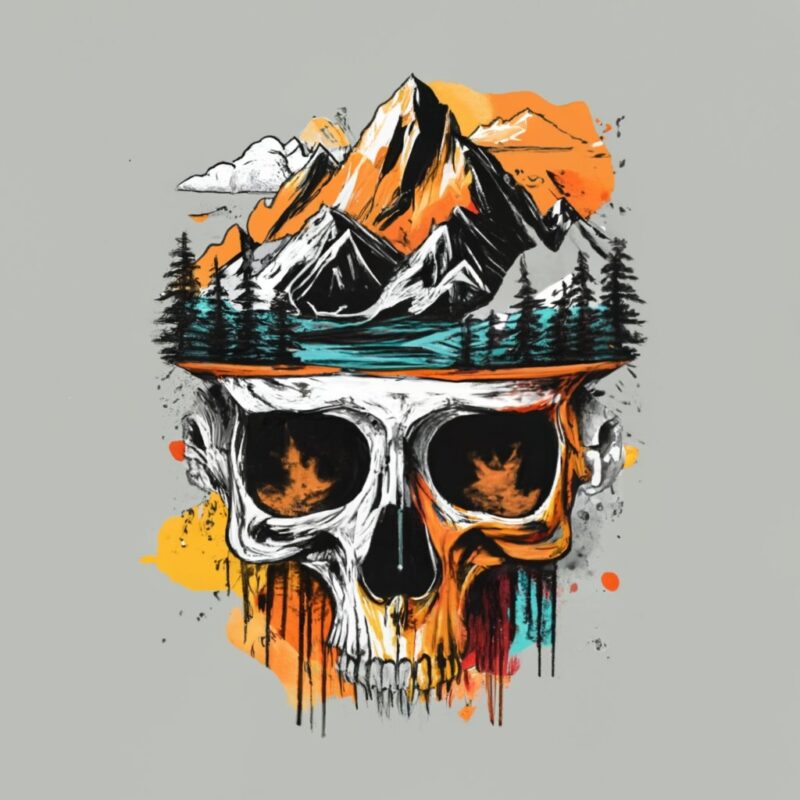 t-shirt design, mountains and skeletons. Double exposure watercolor splash PNG File