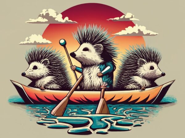 T shirt design of realistic hedgehogs rowing png file