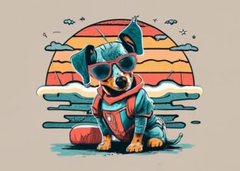 t-shirt design.vintage retro sunset distressed design,a cute Dachshund with a Spiderman outfit and PNG File