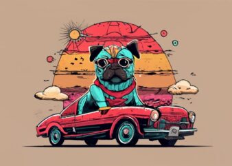 t-shirt design.vintage retro sunset distressed design,a cute pug with a Spiderman outfit and PNG File