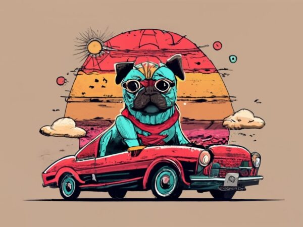 T-shirt design.vintage retro sunset distressed design,a cute pug with a spiderman outfit and png file