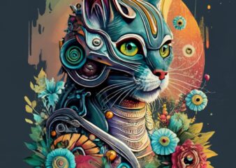 very beautiful Biomechanical cat, watercolor and ink, fantasy, beautiful, award winning, colorful, fantastic view, in sunshine, vibrant,add t shirt vector art