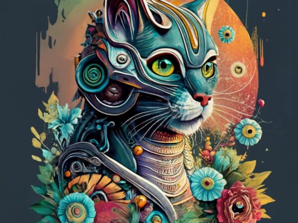 Very beautiful biomechanical cat, watercolor and ink, fantasy, beautiful, award winning, colorful, fantastic view, in sunshine, vibrant,add t shirt vector art