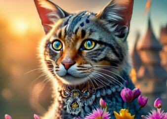 very beautiful cat, watercolor and ink, fantasy, beautiful, award winning, colorful, fantastic view, in sunshine, vibrant,add flowers, vinta