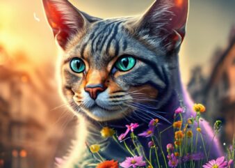 very beautiful cat, watercolor and ink, fantasy, beautiful, award winning, colorful, fantastic view, in sunshine, vibrant,add flowers, vinta t shirt vector art