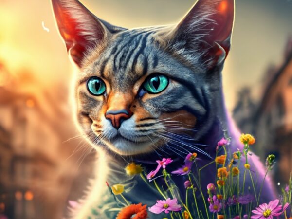 Very beautiful cat, watercolor and ink, fantasy, beautiful, award winning, colorful, fantastic view, in sunshine, vibrant,add flowers, vinta t shirt vector art