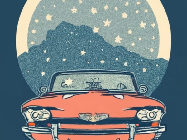 Vintage border, vintage t-shirt design of an ink drawing of a chevrolet corvair. also, have stars spaced out in the middle of the circle moo