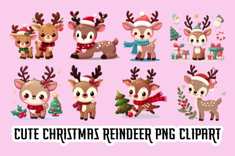 Cute Christmas Reindeer PNG Clipart Bundle