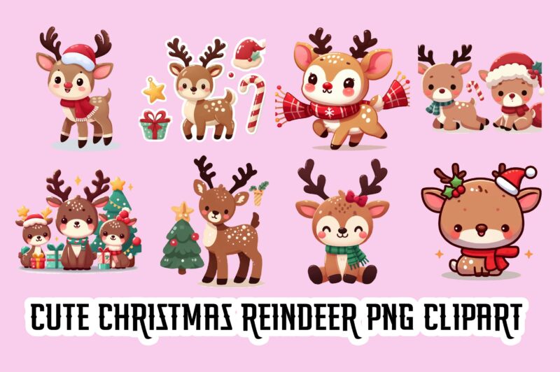 Cute Christmas Reindeer PNG Clipart Bundle