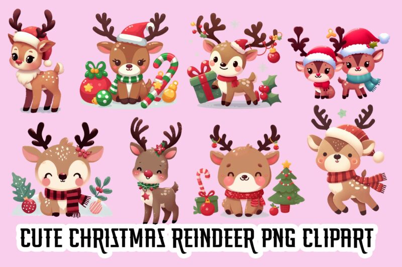 Cute Christmas Reindeer PNG Clipart Bundle