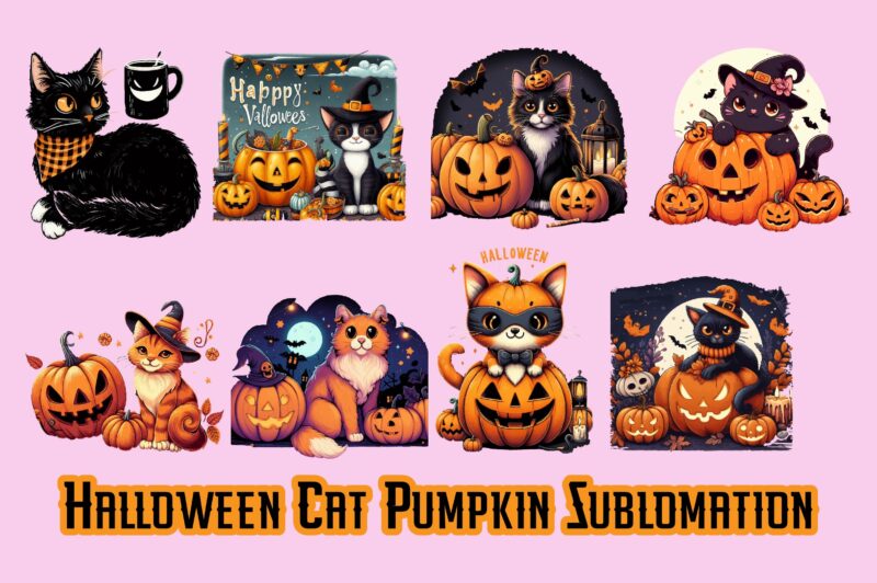 Halloween Cat Pumpkin Sublimation Clipart Bundle