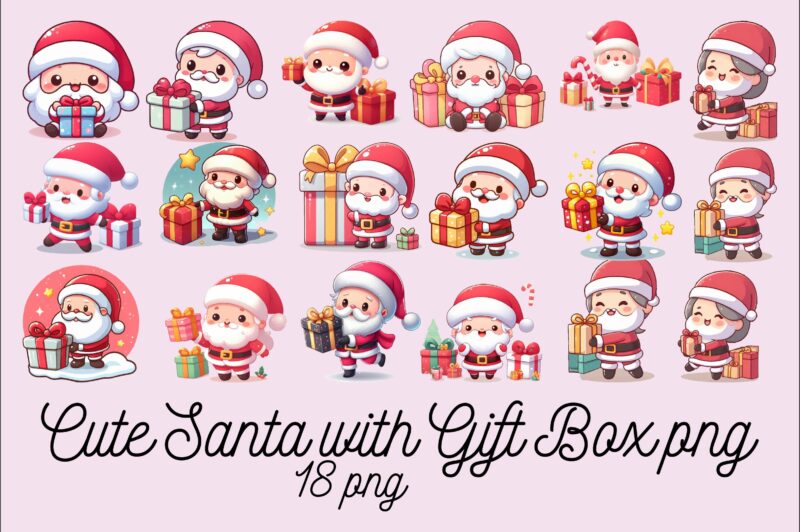 Cute Santa with Gift Box PNG Sublimation Bundle
