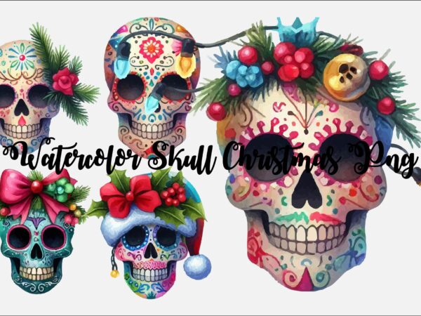 Watercolor skull christmas png sublimation t shirt design for sale