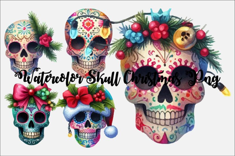 Watercolor Skull Christmas PNG Sublimation