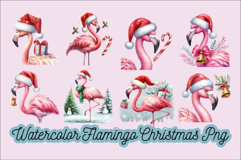 Watercolor Flamingo Christmas PNG Sublimation Bundle