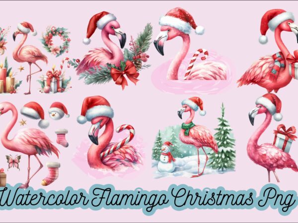 Watercolor flamingo christmas png sublimation bundle t shirt design for sale