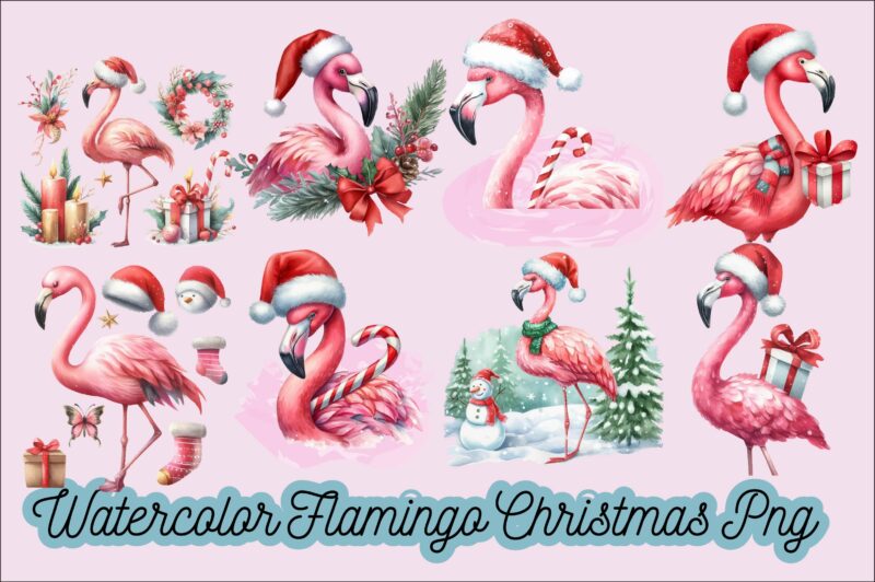 Watercolor Flamingo Christmas PNG Sublimation Bundle