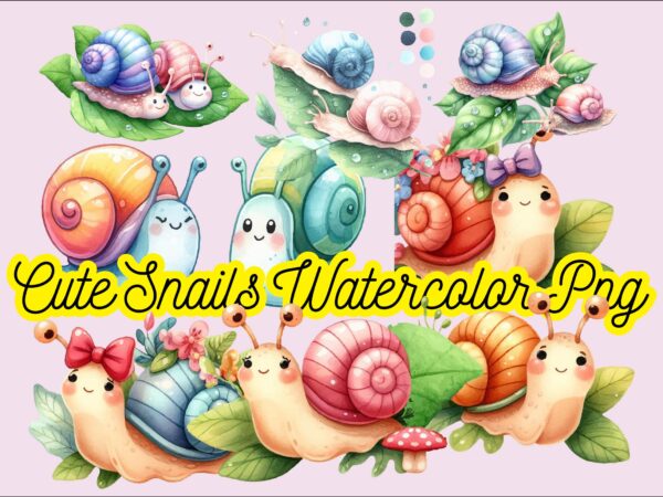 Cute snails watercolor png sublimation bundle t shirt vector file