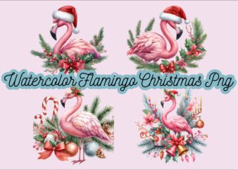 Watercolor Flamingo Christmas PNG Sublimation Bundle t shirt design for sale