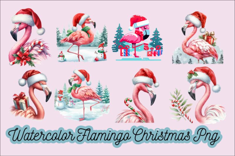 Watercolor Flamingo Christmas PNG Sublimation Bundle