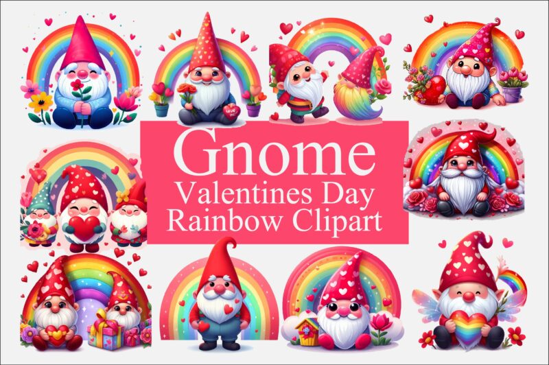 Gnome Valentines Day Rainbow PNG Bundle