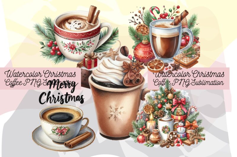 Watercolor Christmas Coffee PNG Sublimation Bundle