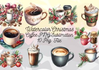 Watercolor Christmas Coffee PNG Sublimation Bundle t shirt design for sale