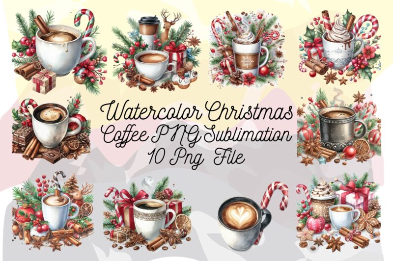 Watercolor Christmas Coffee PNG Sublimation Bundle