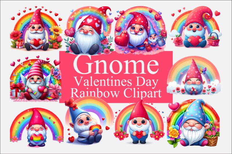 Gnome Valentines Day Rainbow PNG Bundle