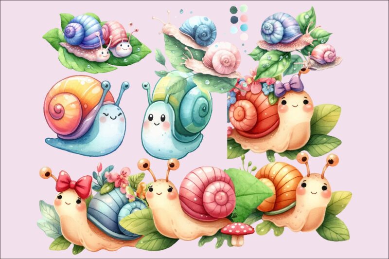 Cute Snails Watercolor PNG Sublimation Bundle