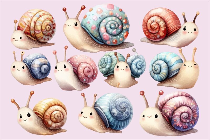 Cute Snails Watercolor PNG Sublimation Bundle