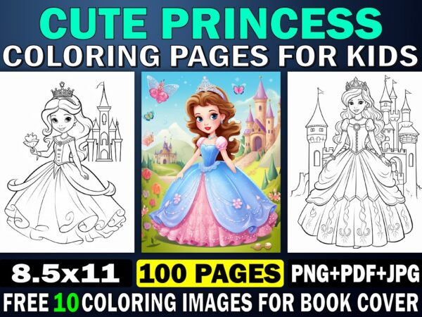 Cute princess coloring page for kids 1 t shirt vector file