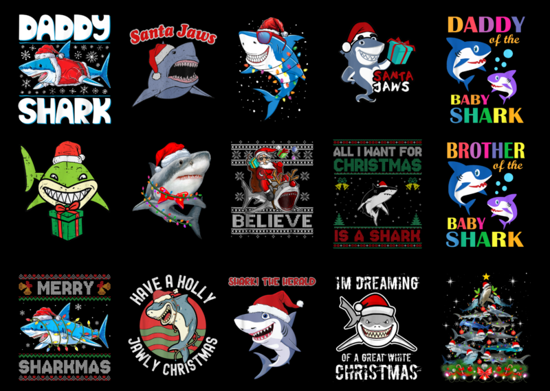 15 Christmas Shark Shirt Designs Bundle For Commercial Use Part 1, Christmas Shark T-shirt, Christmas Shark png file, Christmas Shark digita