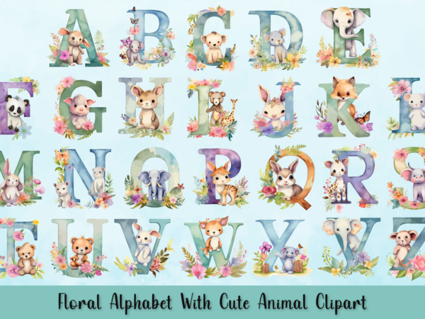 Floral alphabet with cute animal sublimation bundle, floral alphabet shirt