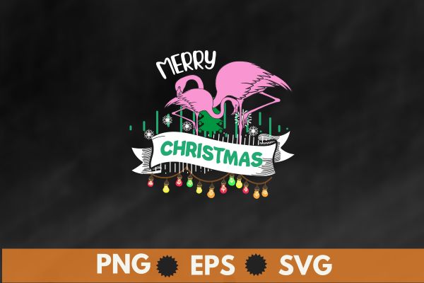 Happy christmas flamingo christmas tree xmas light merry christmas t-shirt design vector, christmas, flamingo, tree, merry, tee, xmas,