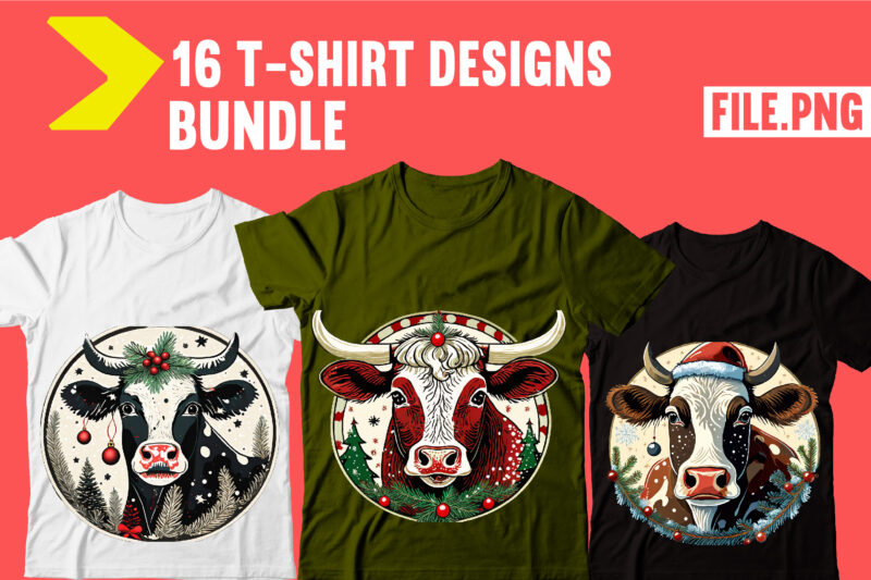 Vintage Christmas Cow T-shirt Bundle,16 Designs,Christmas Cow Tag Earrings Png Bundle, Christmas Cow PNG, Christmas Cow Tag Earring, Cow Sho