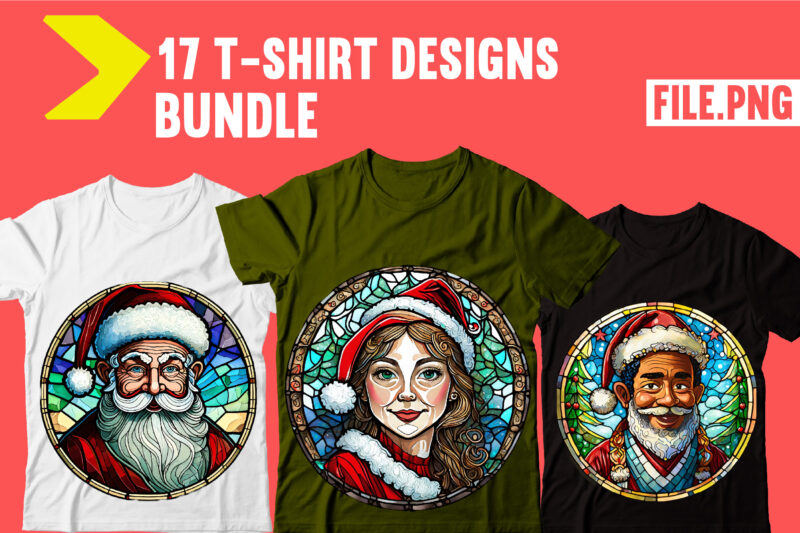 Stained Glass Santa T-shirt Bundle,17 Designs,santa cluase junk journal pages, junk journal ephemera, vintage Christmas, commercial use,