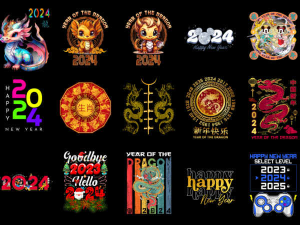 15 new year 2024 shirt designs bundle for commercial use part 2, new year 2024 t-shirt, new year 2024 png file, new year 2024 digital file,
