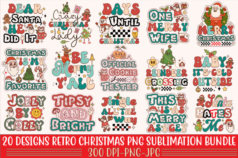 Retro Christmas PNG Sublimation Bundle,20 Designs,on Sell Design,Big Sell Design,Png Bundle,Christmas T-shirt Designs