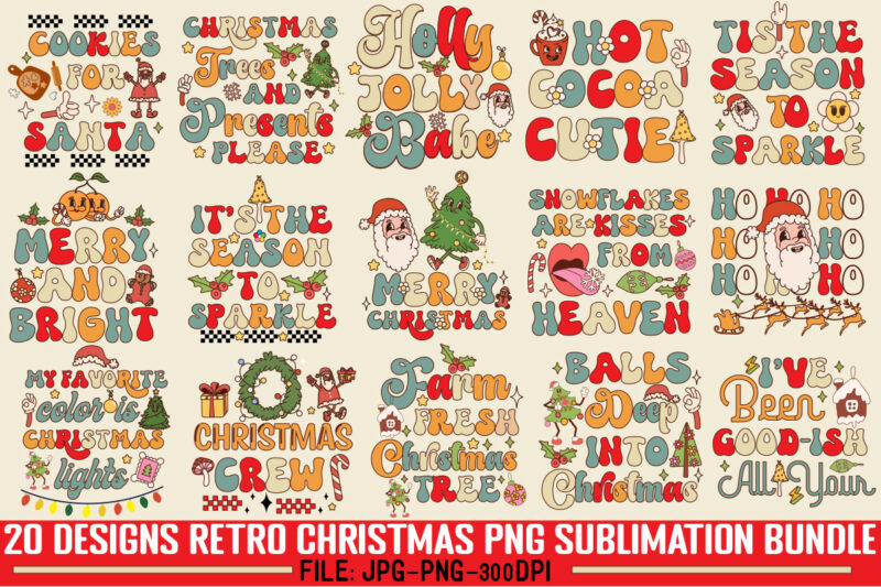 Retro Christmas PNG Sublimation Bundle,20 Designs,on Sell Design,Big Sell Design,Png Bundle,Christmas T-shirt Designs