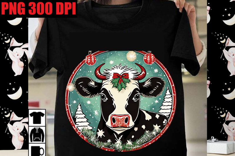 Vintage Christmas Cow T-shirt Bundle,16 Designs,Christmas Cow Tag Earrings Png Bundle, Christmas Cow PNG, Christmas Cow Tag Earring, Cow Sho