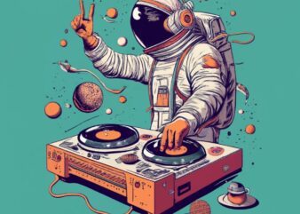 70s Poster, Ink drawing T-Shirt Design, with text “Zell”, astronaut DJ with turntables PNG File