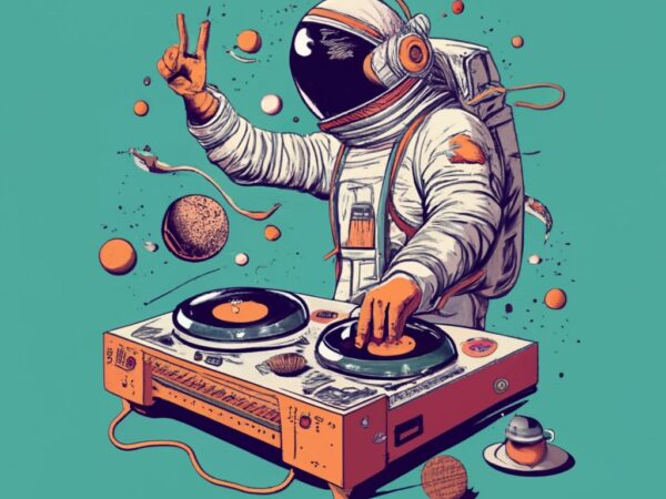 70s poster, ink drawing t-shirt design, with text “zell”, astronaut dj with turntables png file