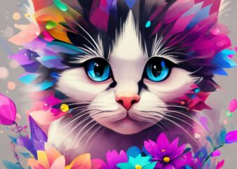 A a cute colorful black and white kitten, fantasy flower splashes, modern t-shirt design, Studio Ghibli style PNG File